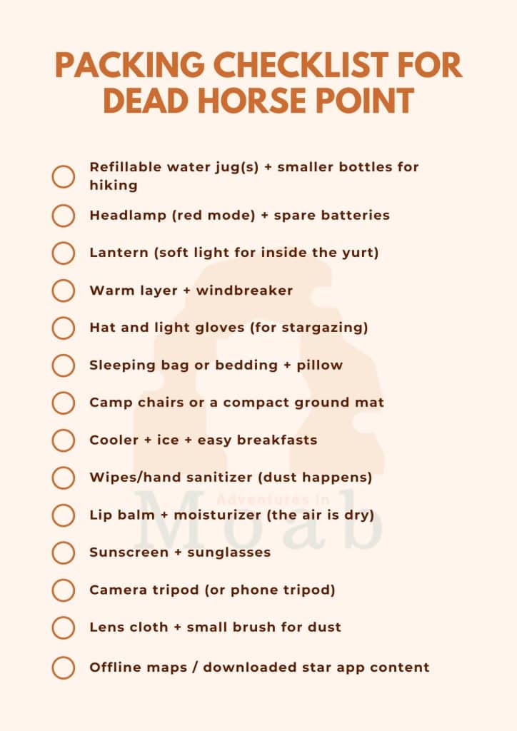 Dead Horse Point Yurts - Packing Checklist