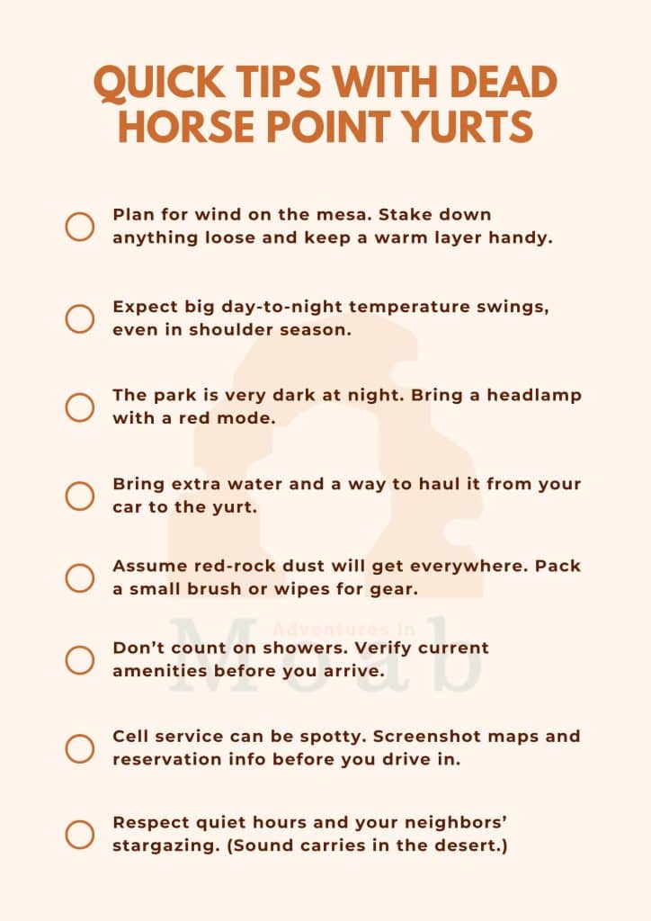 Dead Horse Point Yurts - Quick Tips